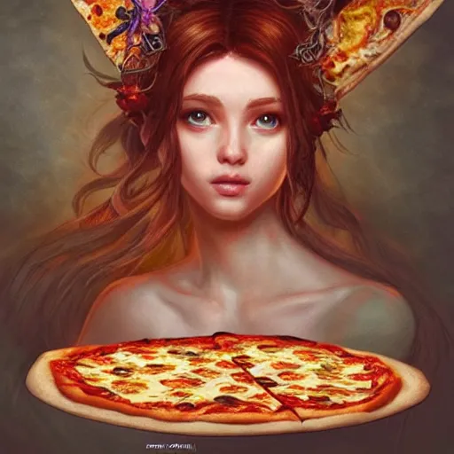 Image similar to a pizza with a fairy head topping, fantasy art, illustration, amazing detail, in the style of greg rutkowski, artgerm, cgsociety