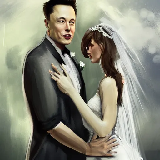 Prompt: Elon Musk in a wedding gown, romantic, concept art trending on artstation, sharp focus, highly detailed