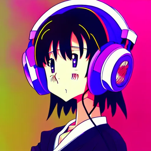 Image similar to An anime character's head wearing retro headphones. 90s anime, Sailor Moon, Neon Genesis, official art, flat cell shading, fantastic screenshot art, trending on artstation, muted nostalgic colors