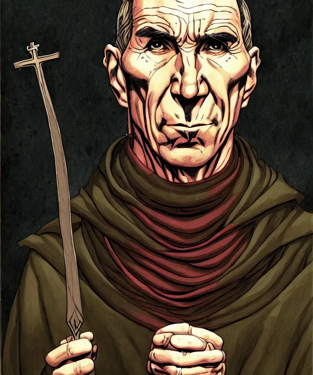 Image similar to a ( fantasy comic ) ( cover art ) portrait of a catholic inquisitor who looks like ( pete postlethwaite ), digital illustration by jenny frison and sana takeda and kentaro miura, fine inking lines, vivid colors, dnd, highly detailed!, hd, 4 k, trending on artstation