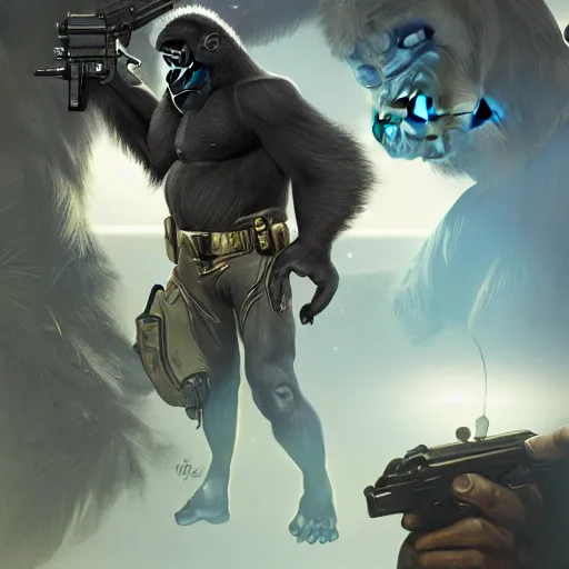 Image similar to detailed science - fiction character portrait of a gorilla with a gun, wild, highly detailed, digital painting, artstation, concept art, smooth, sharp focus, illustration, art by artgerm and greg rutkowski and alphonse mucha