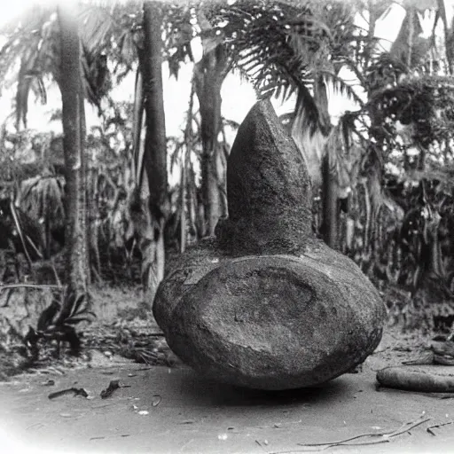 Prompt: a rizom lost film footage of a sacred ( ( ( ( ( indigenous ) ) ) ) ) artifact in the middle of the ( ( ( ( ( ( ( ( ( ( tropical jungle ) ) ) ) ) ) ) ) ) ) / ethnographic object / film still / cinematic / enhanced / 1 9 0 0 s / black and white / grain