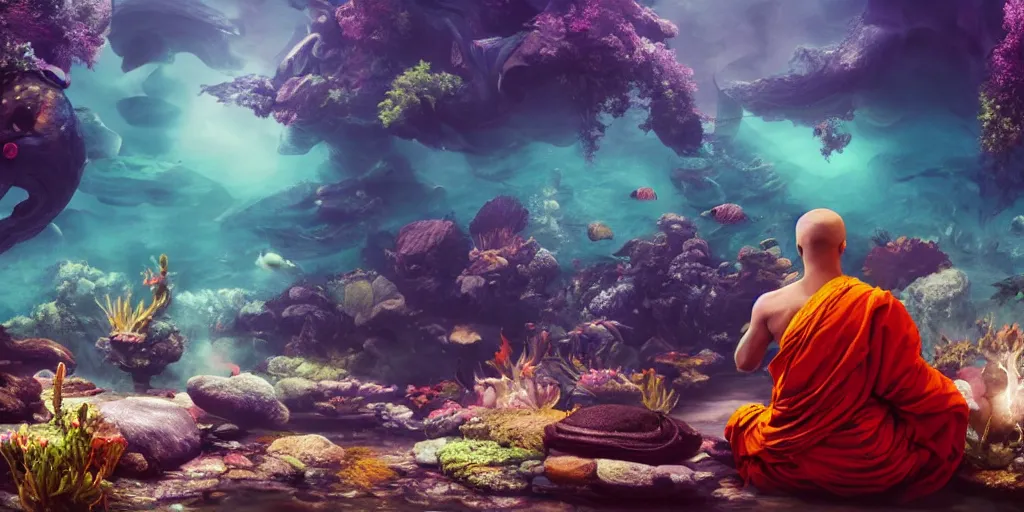 Prompt: backside of ancient wise monk meditating underwater, lotus pose, monk is in the centre of the frame, epic composition, fabrics flying around him, smoky, dark, mysterious, colourful fish, giant sea creatures, high detail, green vibrant light, digital art, artstation, unreal engine 5, octane render