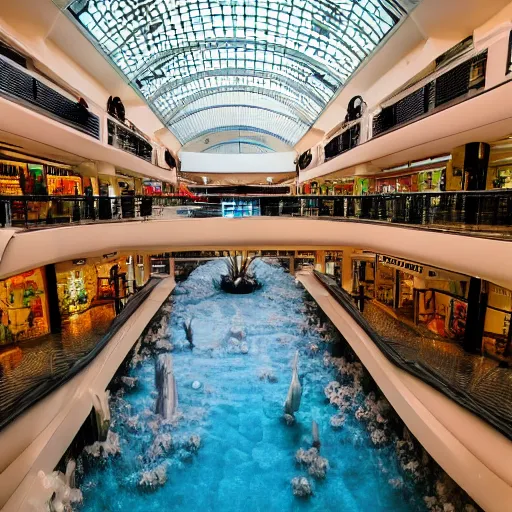 Image similar to photo of inside a shopping mall the inside is flooded with over 7 meters of water clear beautiful water, highly detailed.