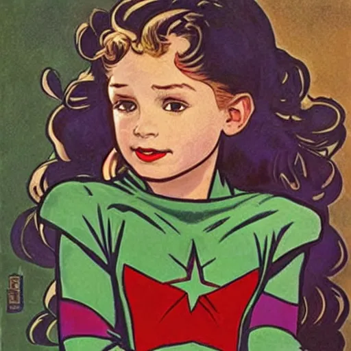 Image similar to a little girl with a mischievous face and light brown curly wavy hair and blue eyes. she is dressed as captain america, spider - man, batman, captain marvel, a superhero. well composed, clean elegant painting, beautiful detailed face. painting by steve ditko and jack kirby and ( alphonse mucha )