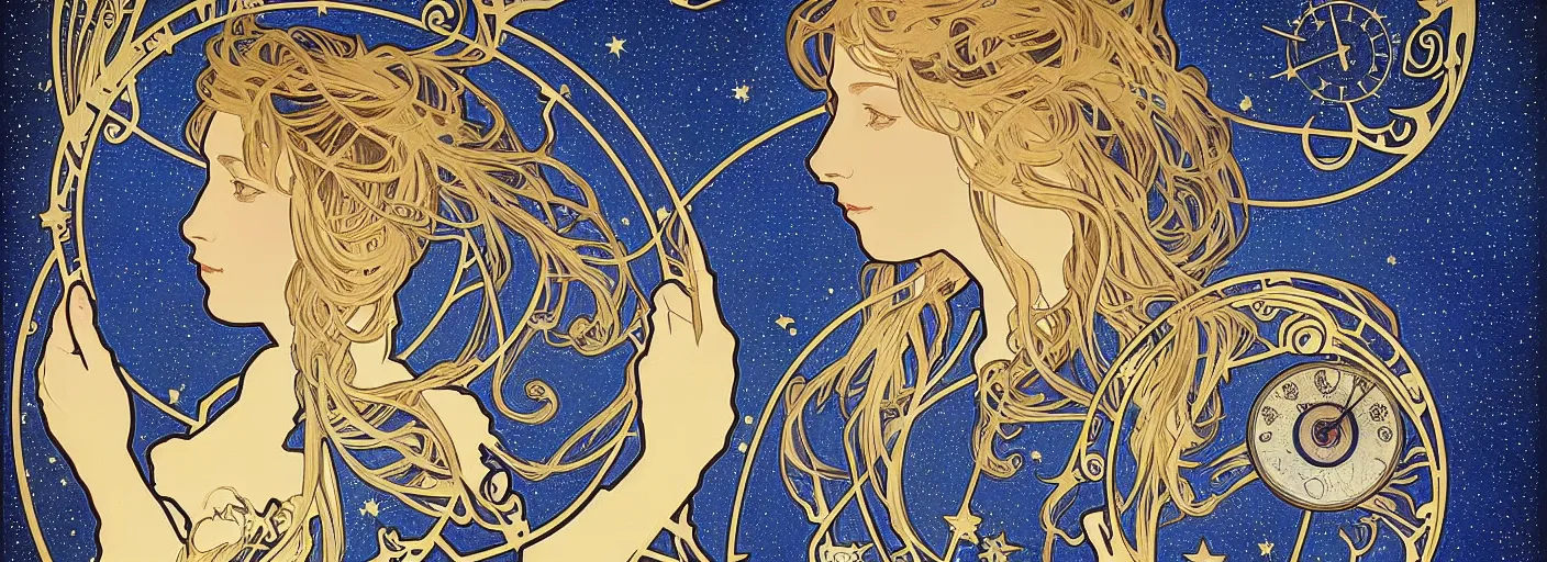 Image similar to night, awardwinning portrait photography, inspired by alphonse mucha, symmetrical cloaked figure face, background with ultramarine blue and gold astronomical star constellations and watch gears, moon and candle