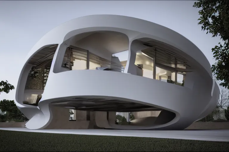 Image similar to photo of a futuristic house designed in the style of seppo mantyla, 4 k, realistic render