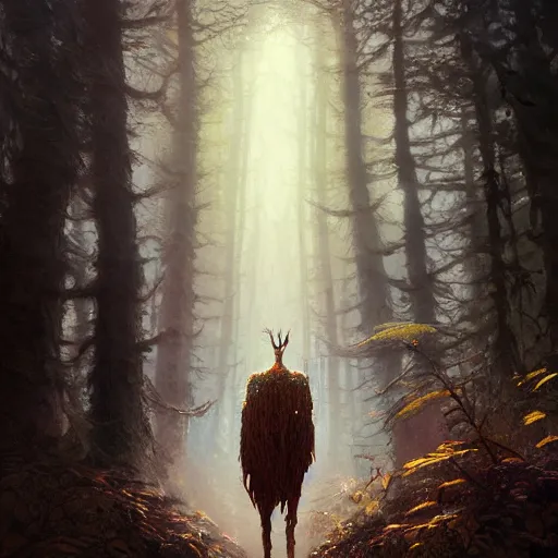 Image similar to highly detailed creepy forest humanoide creature, stephen bliss, unreal engine, fantasy art by greg rutkowski, loish, rhads, ferdinand knab, makoto shinkai and lois van baarle, ilya kuvshinov, rossdraws, tom bagshaw, global illumination, radiant light, detailed and intricate environment