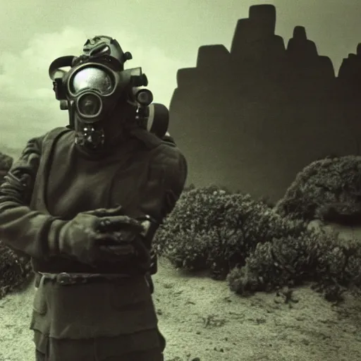 Image similar to a heavily armored man wearing a gasmask, in a surrealist landscape, film still, arriflex 3 5