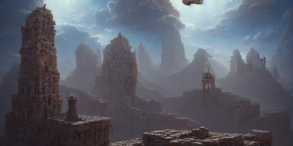 Prompt: surrealist landscape of ancient towns atop monumental stone heads, trippy fractal repetition moebius, greg rutkowski, peter mohrbacher,, epic composition, god rays, vivid tones :