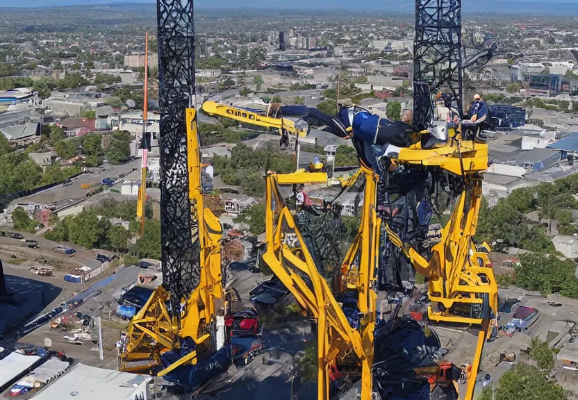 Prompt: Steeplejacks repair Megazord, high resolution photograph