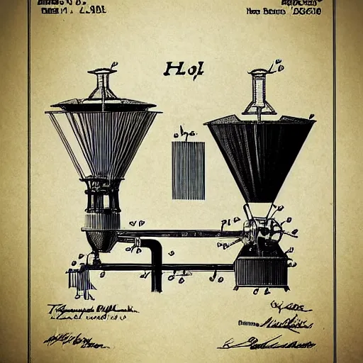 Prompt: plans for a horse - drawn coffee mill in the style of thomas edison. patent filing. detailed. hd