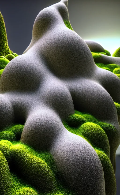 Image similar to highly detailed ultra sharp 3 d render cinematic composition of a smooth ceramic porcelain biomorphic magnolia stone nebula fluid fractal sci - fi surreal architecture landscape, granite, metallic, magnesium, marble, moss and lichen, vincent callebaut composition, mamou - mani, archviz, beautiful lighting, 8 k, unreal engine, hdr,