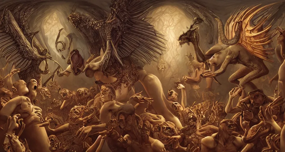 Image similar to the temptation of saint anthony swarmed by grotesque winged demons, fantasy, intricate, elegant, highly detailed, digital painting, artstation, concept art, matte, sharp focus, illustration, art by artgerm and alex grey