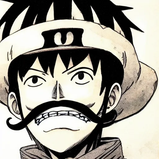 Prompt: [ luffy with mustache ] ( by kim jung gi ) ( by george morikawa ) ( by kentaro miura ) ( by eiichiro oda )