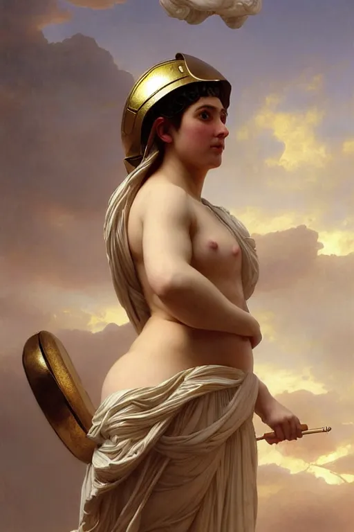 Image similar to soft light portrait of the beautiful chonky greek goddess, athena, wearing a corinthian helmet. wrapped in swirls in the air, soft light, digital art by ruan jia and mandy jurgens and artgerm and william - adolphe bouguereau, by jean - leon gerome, highly detailed, trending on artstation, award winning,