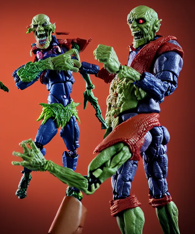 Image similar to hyperrealistic rendering, president zombie is motu action figure, product photography