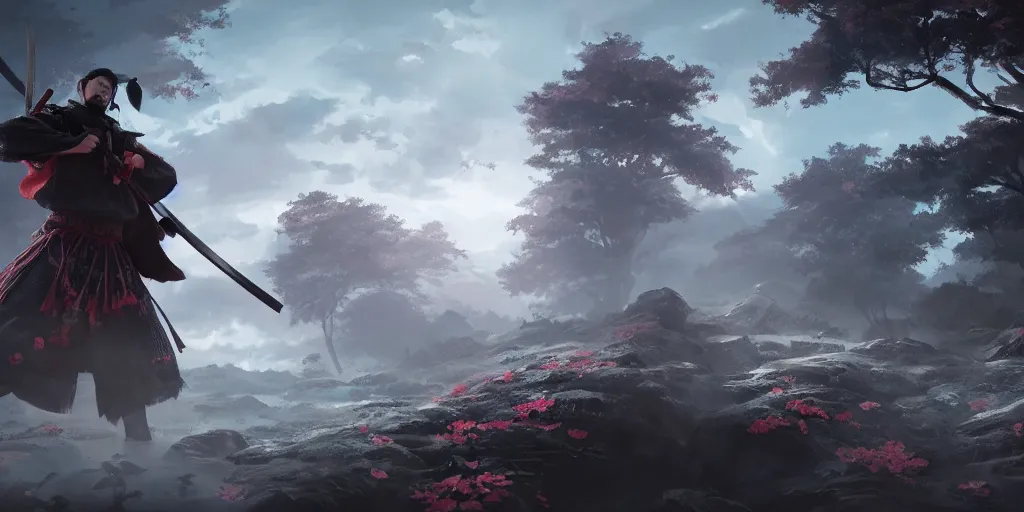 Image similar to an environmental concept art of ghost of tsushima, samurai duel, sakura petals blowing in the wind, highly detailed, directional light, cinematic by francis tneh