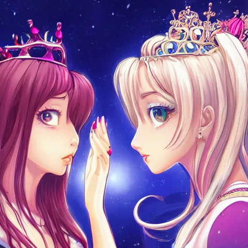 Prompt: a scene of two beautiful queens facing each other in front of a thrown, large eyes, symmetrical faces, detailed anime art