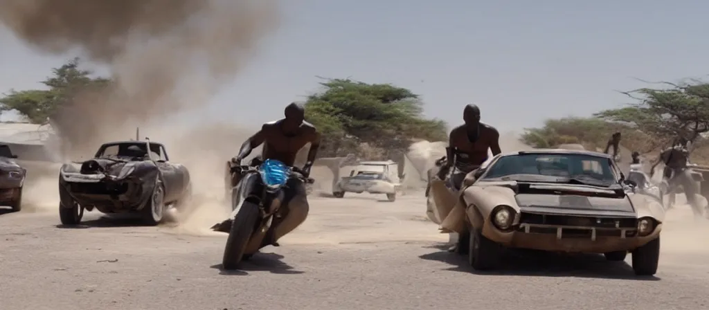 Prompt: action scene from african fast and furious - movie, high definition screen capture