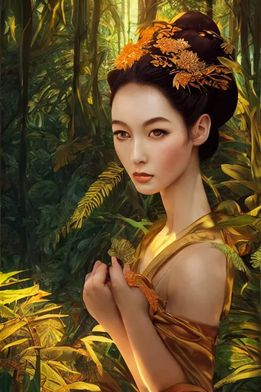 Prompt: stunningly beautiful, irish geisha prima ballerina in jungle, symmetrical face, golden hour, smooth, focus, highly detailed, hyper realistic, dramatic lighting, elegant, intricate, concept art, art by wlop, mars ravelo, greg rutowski, artstation