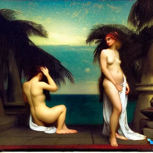 Image similar to Silhouette of four girl at the palace, thunderstorm, greek pool, beach and palm trees on the background major arcana sky, by paul delaroche, alphonse mucha and arnold böcklin arnold böcklin hyperrealistic 8k, very detailed