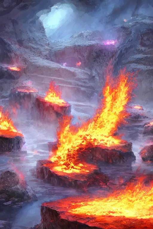 Image similar to the flaming quarry, fantasy, magic, 4 k, ultra realistic, celshaded art