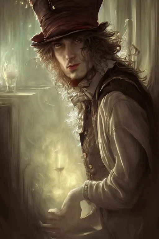 Image similar to mad hatter, portrait of young man, tavern, by wlop, by luis royo, by peter mohrbacher, concept art, digital illustration, intricate, masterpiece, elegant, super detailed, unreal engine rendering, smooth, sharp focus, artstation hq