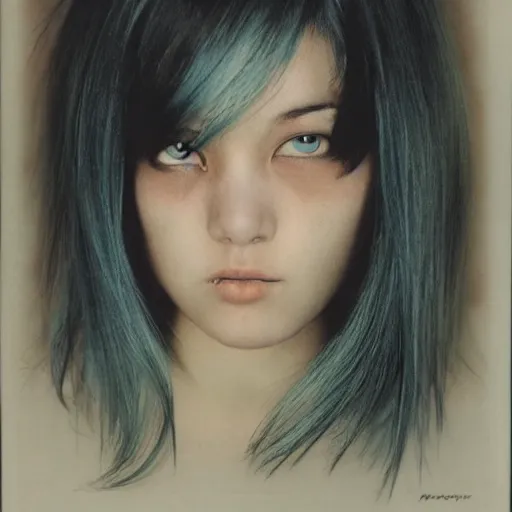 Prompt: A young woman with dyed hair hair looking disgusted away from the camera, Punk, Portrait by Noriyoshi Ohrai