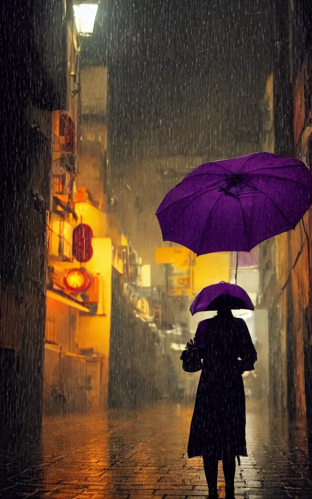 Image similar to a woman holding a purple umbrella walking on the wet street on a rainy night in a hong kong alley way by makoto shinkai and by wes anderson. dramatic lighting. cel shading.