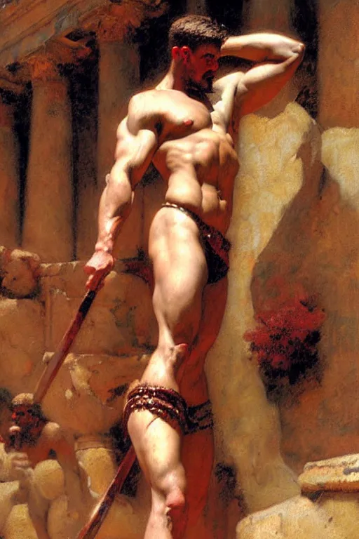 Image similar to muscular male gladiator, roman baths painting by gaston bussiere, craig mullins, j. c. leyendecker