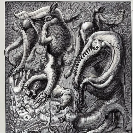 Image similar to bizarre bestiary of repressed unconscious emotional monsters and creatures