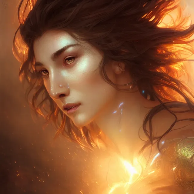 Image similar to close up portrait of a beautiful fantasy female warrior, shiny skin, glowing hair, subsurface scattering, artistic, magical glowing background with light rays, fantasy atmosphere. art by artgerm, greg rutkowski and alphonse mucha, highly detailed, intricate, lifelike. sci - fi, fantasy, magical, octane render,