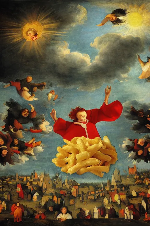 Image similar to ronald mcdonald as an angel ascending into the heavens with wings made of french fries, directly above a mcdonalds restaurant, halo, sunbeams, clouds, oil on panel, by pieter brueghel