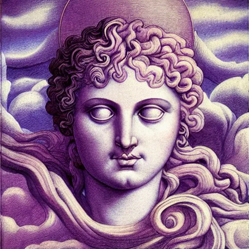 Prompt: washed - out outrun, tyrian purple by evelyn de morgan. a beautiful installation art of a giant head. the head is bald & has a big nose. the eyes are wide open & have a crazy look. the mouth is open & has sharp teeth. the neck is long & thin.