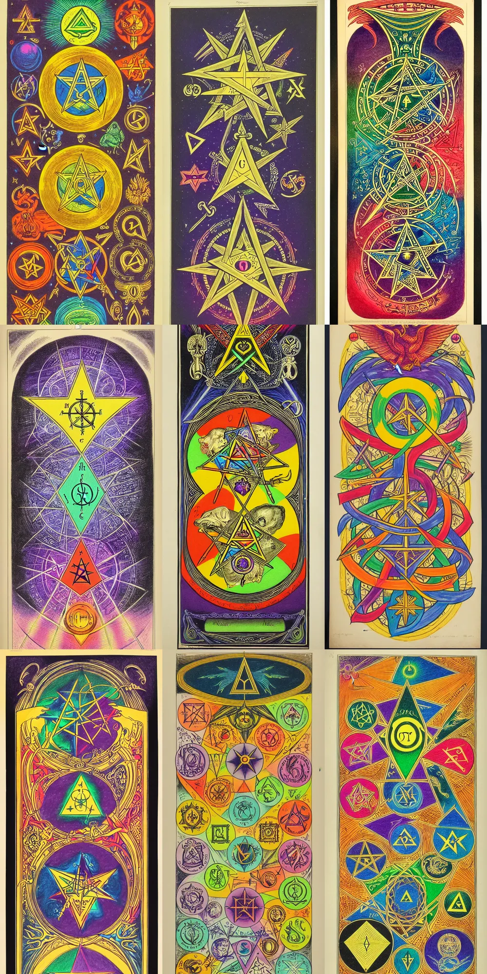 Prompt: occult lithograph containing colorful drawings of magical symbols, reagents, and diagrams of magical devices | well - lit, highly detailed, occult