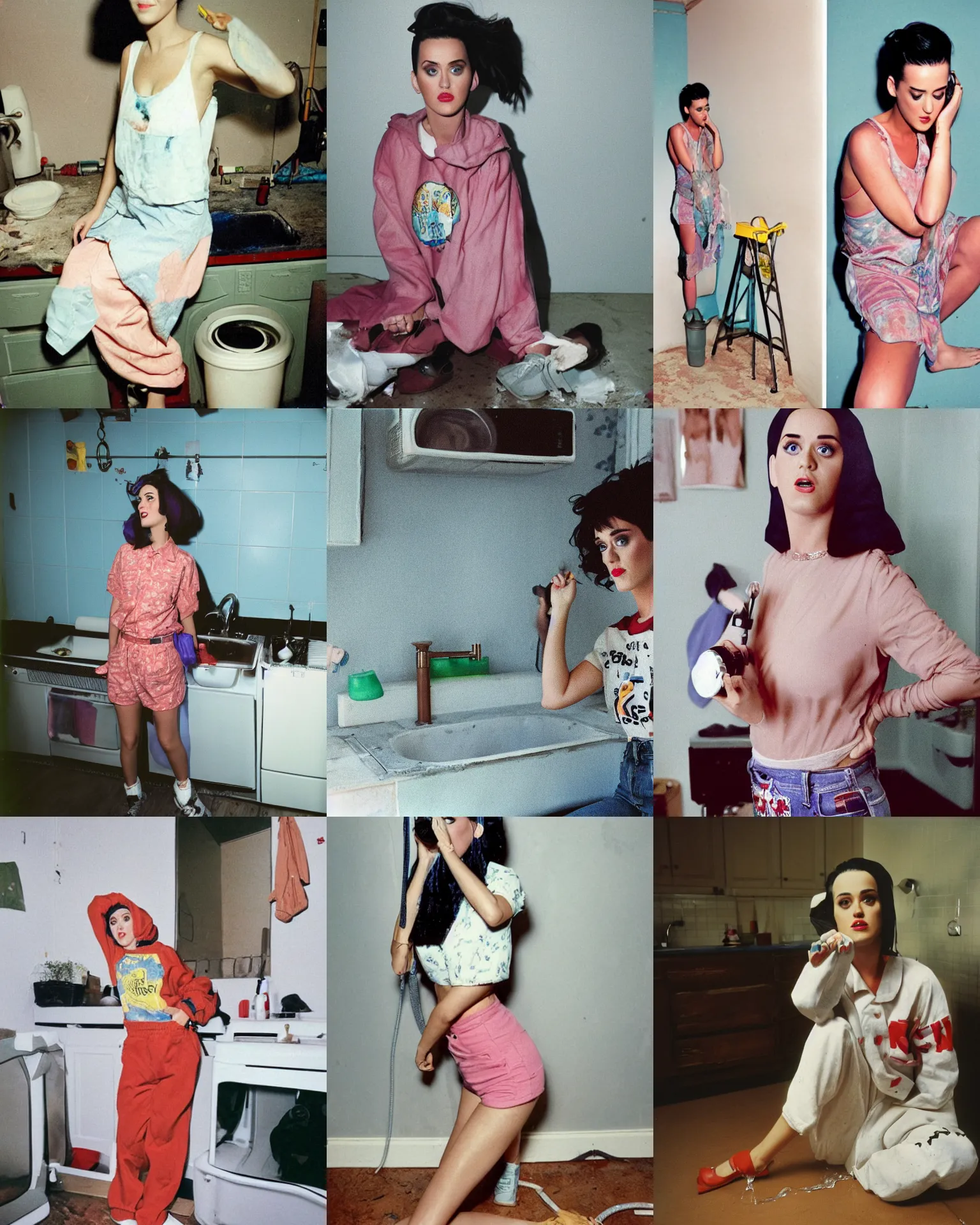Prompt: katy perry wearing old clothes, fixing a leaking sink, puddle of water on the floor, portra 4 0 0, faded photo, 1 9 9 0 s