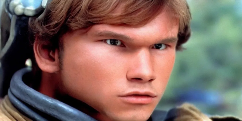 Image similar to A full color still from a film of a teenage Han Solo as a Jedi padawan, from The Phantom Menace, directed by Steven Spielberg, 35mm 1990