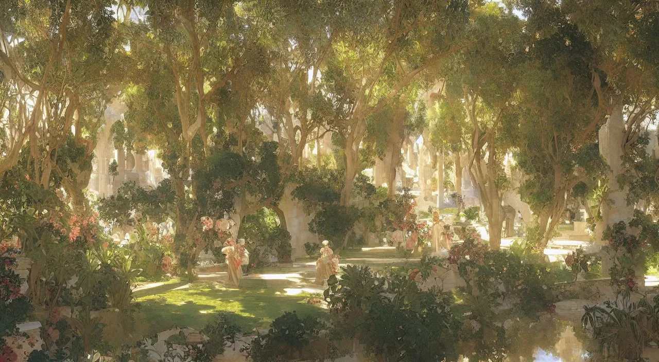 Image similar to A beautiful landscape painting of the the gardens of the real alcazar seville, by Alfons Maria Mucha and Julie Dillon and Makoto Shinkai