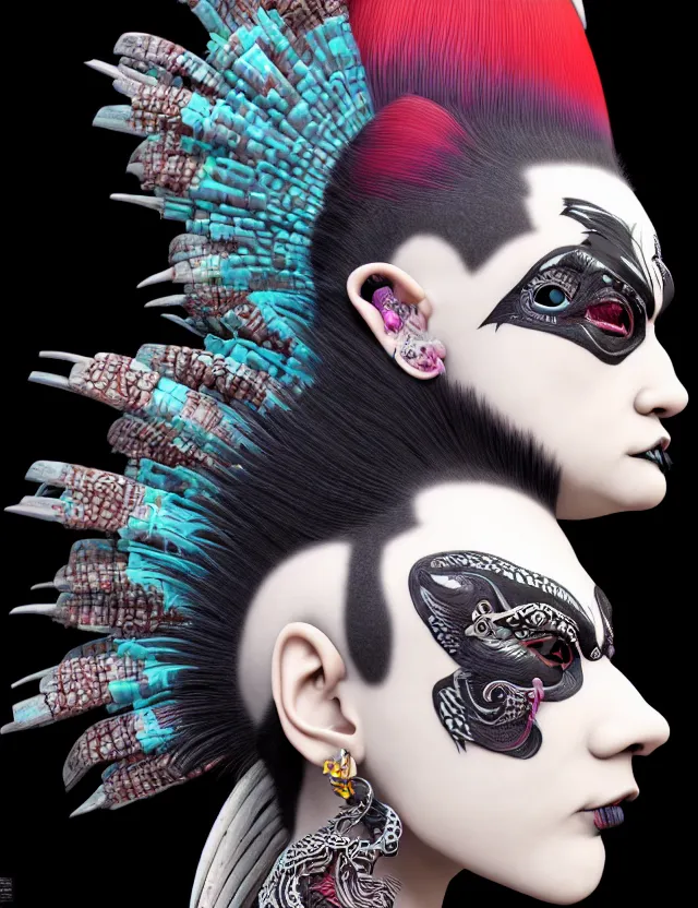 Image similar to 3 d goddess close - up profile portrait punk with mohawk with ram skull. beautiful intricately detailed japanese crow kitsune mask and clasical japanese kimono. betta fish, jellyfish phoenix, bio luminescent, plasma, ice, water, wind, creature, artwork by tooth wu and wlop and beeple and greg rutkowski