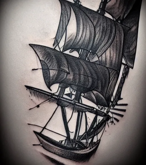 Prompt: A realism black and white tattoo design sketch of a pirate ship, highly detailed tattoo, shaded tattoo, hyper realistic tattoo