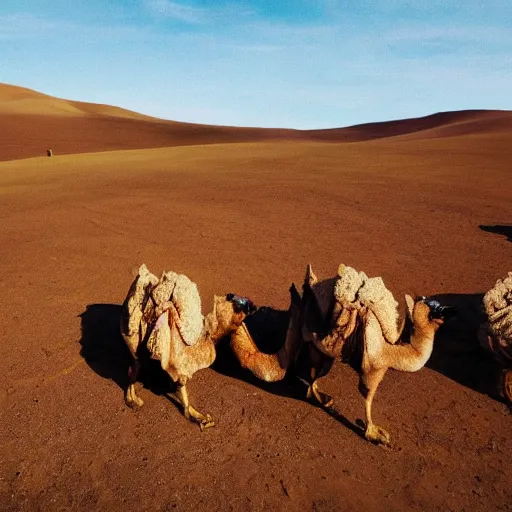 Image similar to a dreamlike landscape where all the hills are made of chicken skin and they have those little bumps and look kind of damp. Along the landscape walks a green skinned six legged camel.