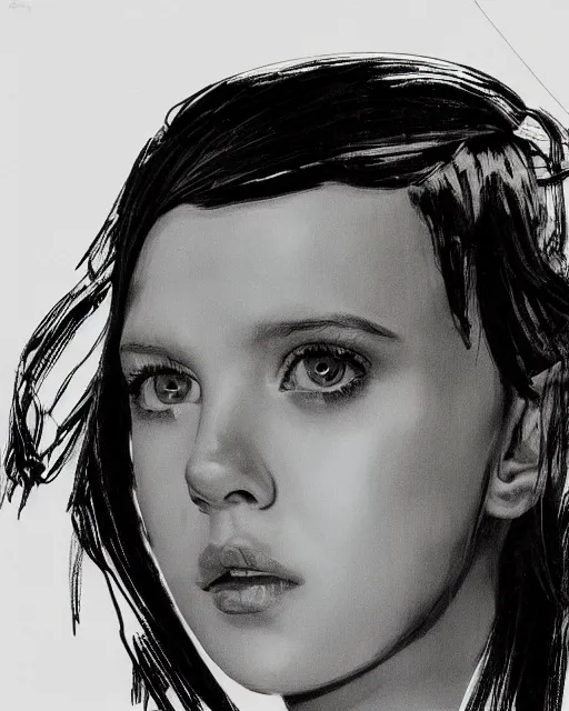 Image similar to close up portrait of millie bobby brown by yoji shinkawa, black and white