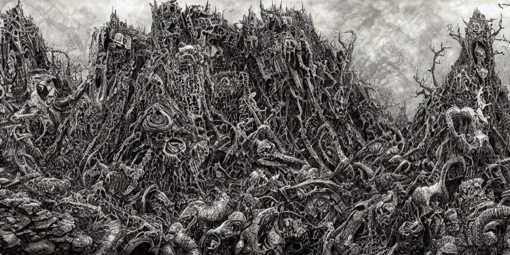 Image similar to ian miller, realms of chaos, landscape, terrifying, ultra detailed