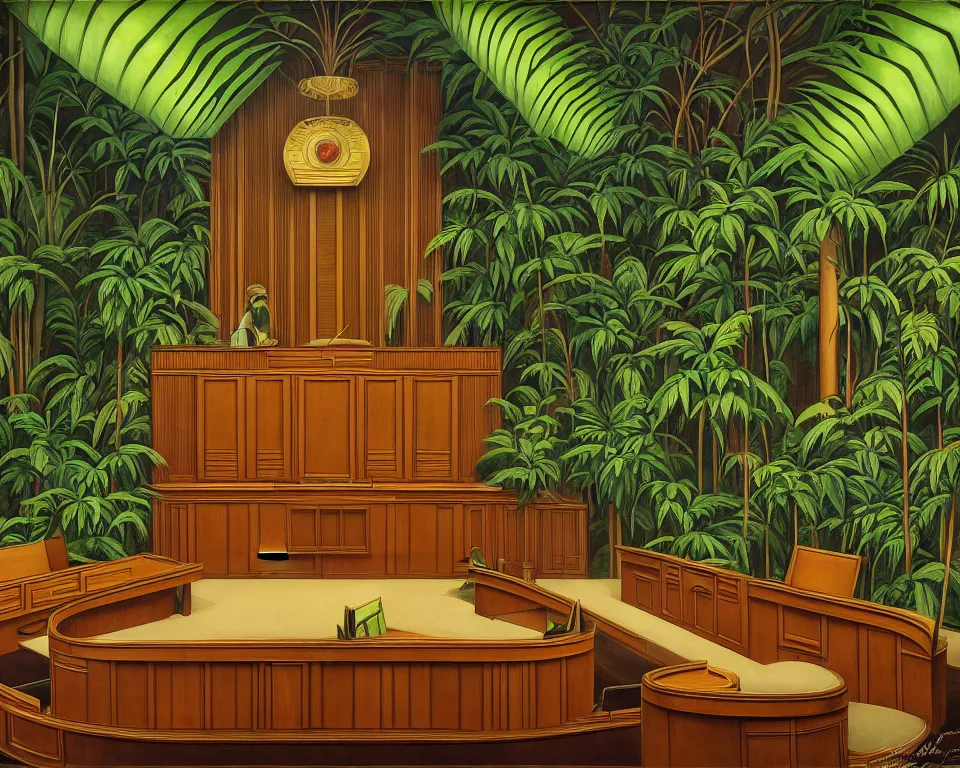 Image similar to an art deco courtroom in the rainforest by raphael and hopper. hyperdetailed, proportional, romantic, enchanting, achingly beautiful, graphic print, trending on artstation, jungle, tropical, foliage