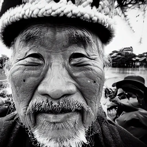 Image similar to Fisheye selfie of an old japanese man with long beard and asian rice hat, closeup