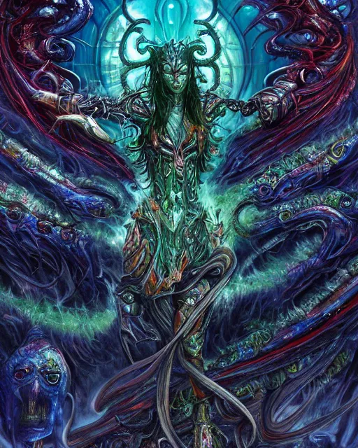 Image similar to silver mechanical charred bloody fleshmetal cyborg daemonhost woman psychedelic flamer of tzeentch, blue and green rainbow fire, by antonio j. manzanedo, alex grey, android jones, wayne barlowe, philippe druillet, raymond swanland, cyril rolando, josephine wall, harumi hironaka, cronenburg, trending on artstation