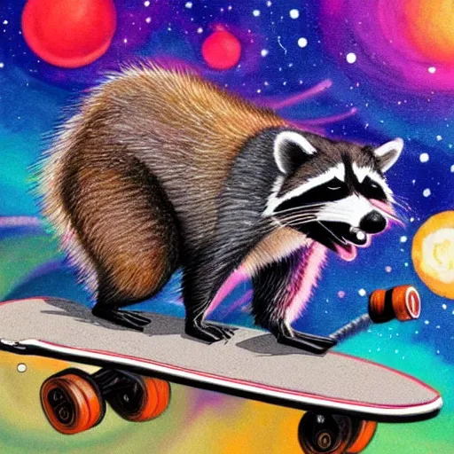 Image similar to raccoon skateboarding through the cosmos, highly detailed, colorful