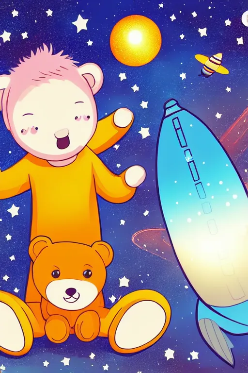 Image similar to a beautiful boy in pajamas and a bear, next to them a ship in the form of a space rocket in the background a galaxy full of stars, a planet full of holes, magic world. colorful, children's book cover, high detail illustration, sharp high detail, manga and anime