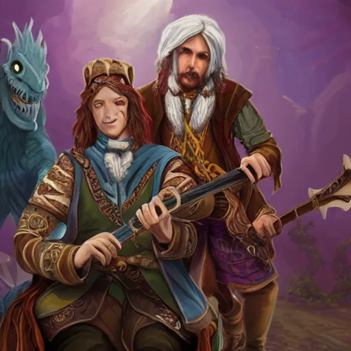 Image similar to A bard and a sad lizard person, Dungeons and Dragons, Wizards of the Coast, 4k, high detail